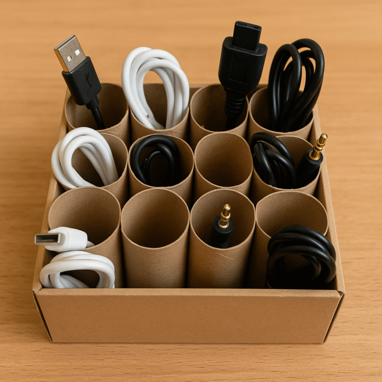 Como fazer organizador de cabos DIY com rolos de papelão